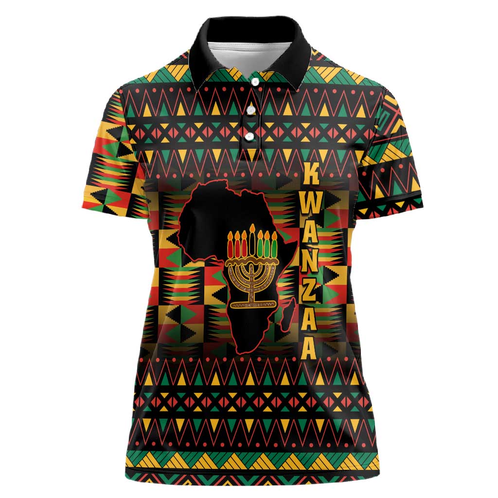 Kwanzaa Festival Women Polo Shirt with Kinara Candles and African Pattern