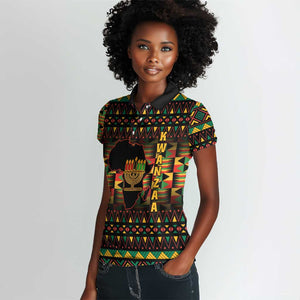 Kwanzaa Festival Women Polo Shirt with Kinara Candles and African Pattern