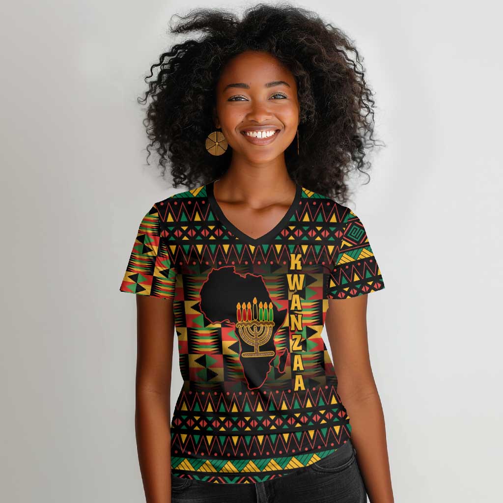 Kwanzaa Festival Women V-Neck T-Shirt with Kinara Candles and African Pattern