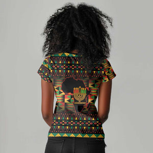 Kwanzaa Festival Women V-Neck T-Shirt with Kinara Candles and African Pattern