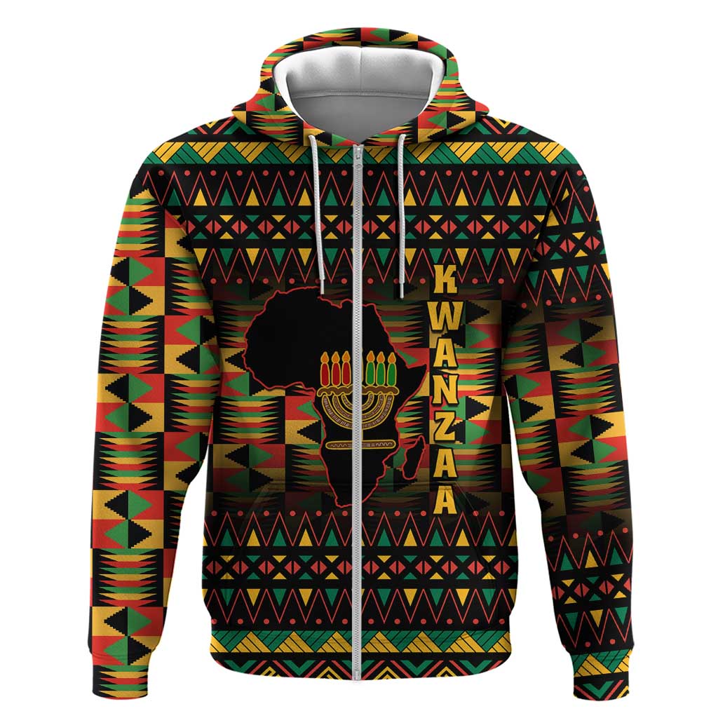 Kwanzaa Festival Zip Hoodie with Kinara Candles and African Pattern