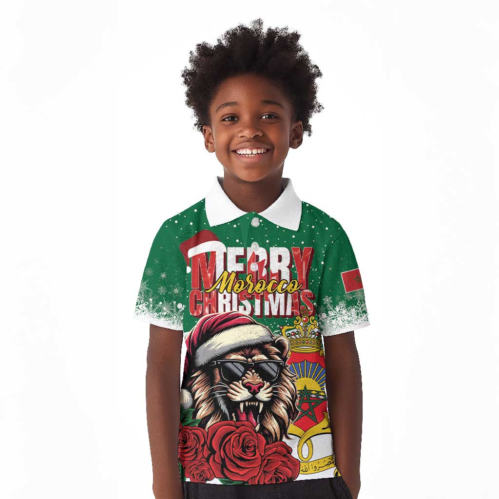 Morocco Christmas Kid Polo Shirt Santa Lion With Rose Xmas Vibe