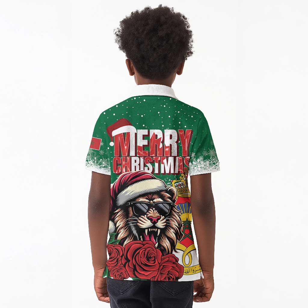 Morocco Christmas Kid Polo Shirt Santa Lion With Rose Xmas Vibe