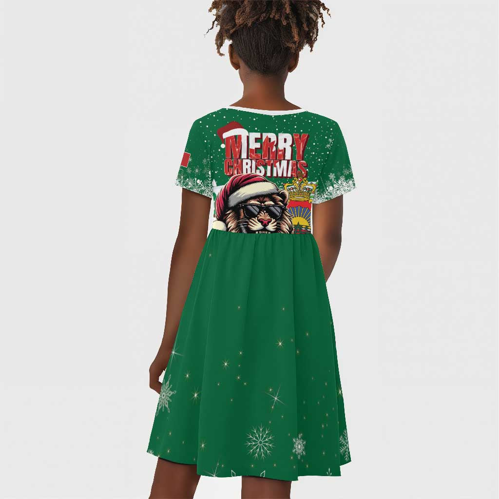 Morocco Christmas Kid Short Sleeve Dress Santa Lion With Rose Xmas Vibe