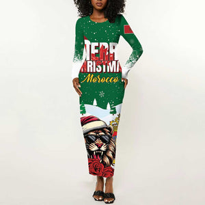 Morocco Christmas Long Sleeve Bodycon Dress Santa Lion With Rose Xmas Vibe