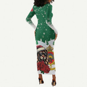 Morocco Christmas Long Sleeve Bodycon Dress Santa Lion With Rose Xmas Vibe