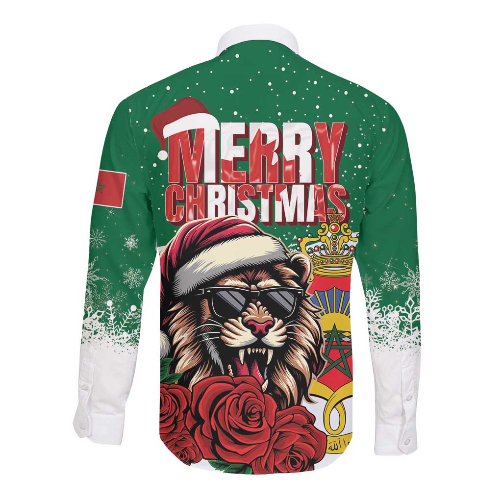Morocco Christmas Long Sleeve Button Shirt Santa Lion With Rose Xmas Vibe