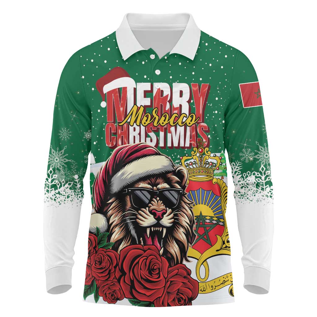 Morocco Christmas Long Sleeve Polo Shirt Santa Lion With Rose Xmas Vibe