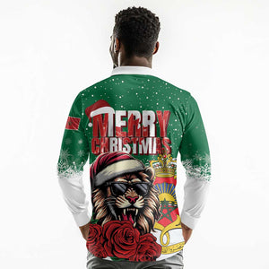 Morocco Christmas Long Sleeve Polo Shirt Santa Lion With Rose Xmas Vibe