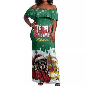 Morocco Christmas Off Shoulder Maxi Dress Santa Lion With Rose Xmas Vibe