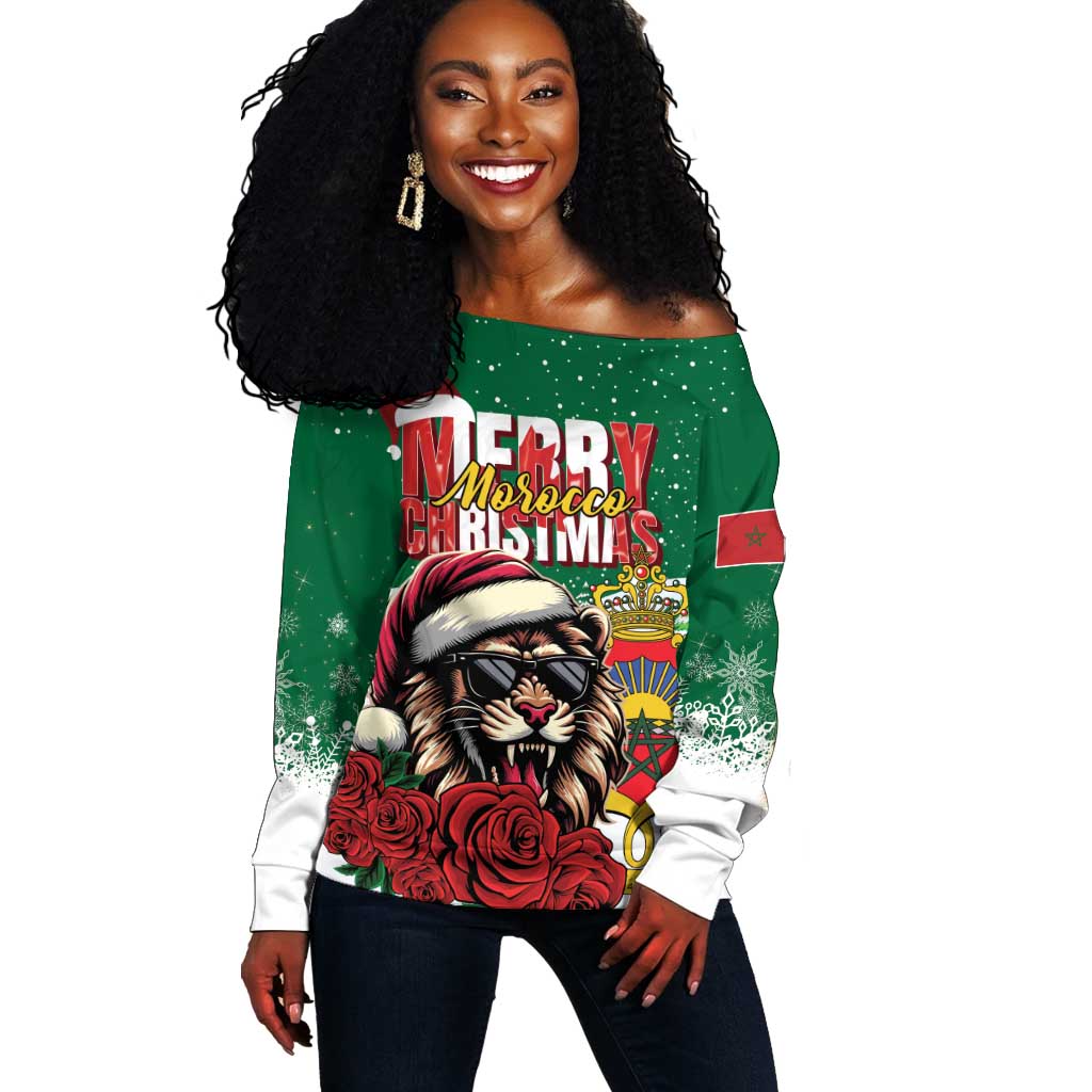 Morocco Christmas Off Shoulder Sweater Santa Lion With Rose Xmas Vibe