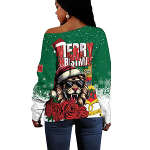 Morocco Christmas Off Shoulder Sweater Santa Lion With Rose Xmas Vibe