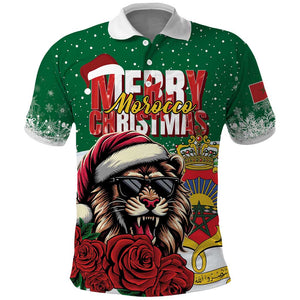 Morocco Christmas Polo Shirt Santa Lion With Rose Xmas Vibe