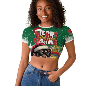 Morocco Christmas Raglan Cropped T shirt Santa Lion With Rose Xmas Vibe