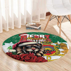 Morocco Christmas Round Carpet Santa Lion With Rose Xmas Vibe