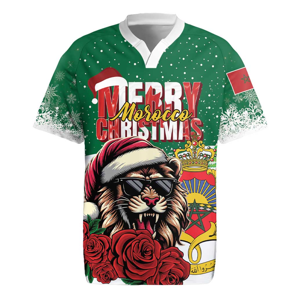 Morocco Christmas Rugby Jersey Santa Lion With Rose Xmas Vibe