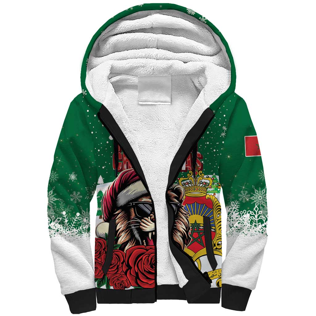 Morocco Christmas Sherpa Hoodie Santa Lion With Rose Xmas Vibe