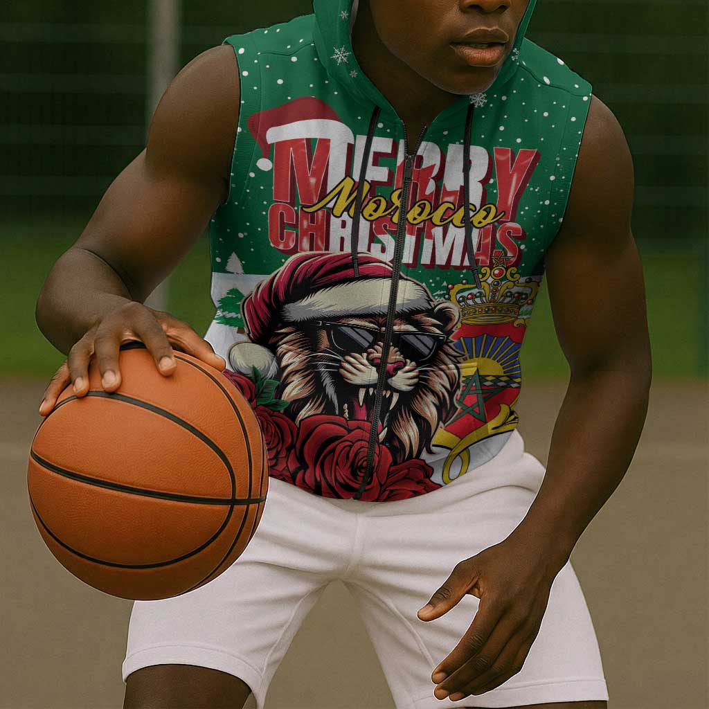 Morocco Christmas Sleeveless Zip Hoodie Santa Lion With Rose Xmas Vibe - African Pride