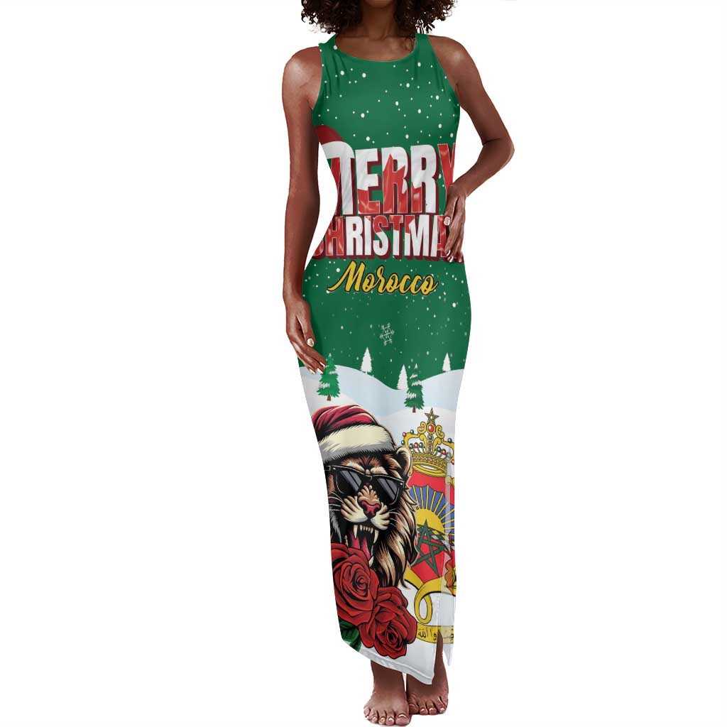 Morocco Christmas Tank Maxi Dress Santa Lion With Rose Xmas Vibe