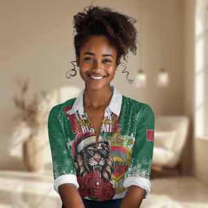 Morocco Christmas Women Casual Shirt Santa Lion With Rose Xmas Vibe LT01