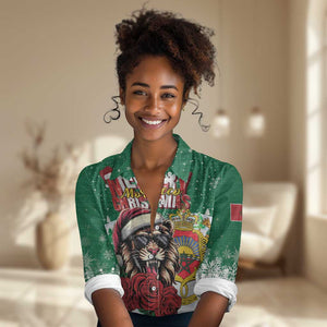 Morocco Christmas Women Casual Shirt Santa Lion With Rose Xmas Vibe