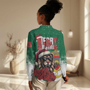 Morocco Christmas Women Casual Shirt Santa Lion With Rose Xmas Vibe