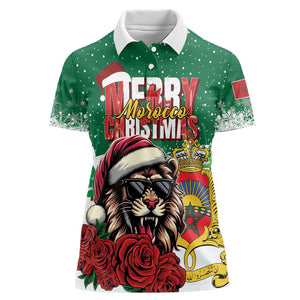 Morocco Christmas Women Polo Shirt Santa Lion With Rose Xmas Vibe