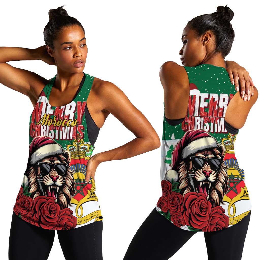 Morocco Christmas Women Racerback Tank Santa Lion With Rose Xmas Vibe