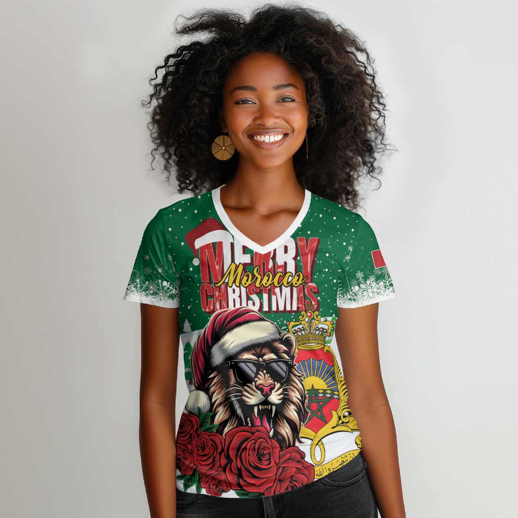 Morocco Christmas Women V-Neck T-Shirt Santa Lion With Rose Xmas Vibe