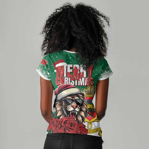 Morocco Christmas Women V-Neck T-Shirt Santa Lion With Rose Xmas Vibe