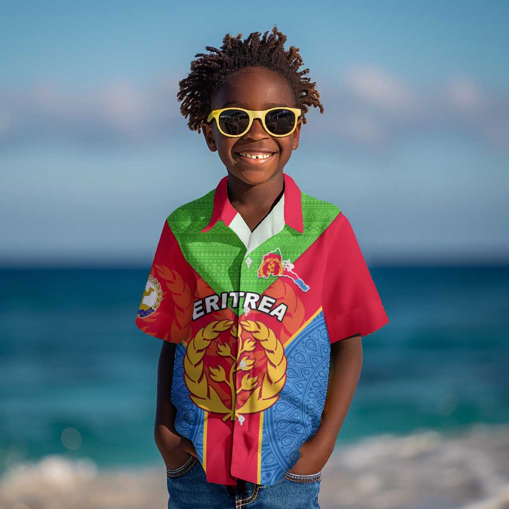 Custom Eritrea Kid Hawaiian Shirt with Eritrean Emblem Flag and African Pattern Design