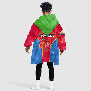 Custom Eritrea KId Wearable Blanket Hoodie with Eritrean Emblem Flag and African Pattern Design