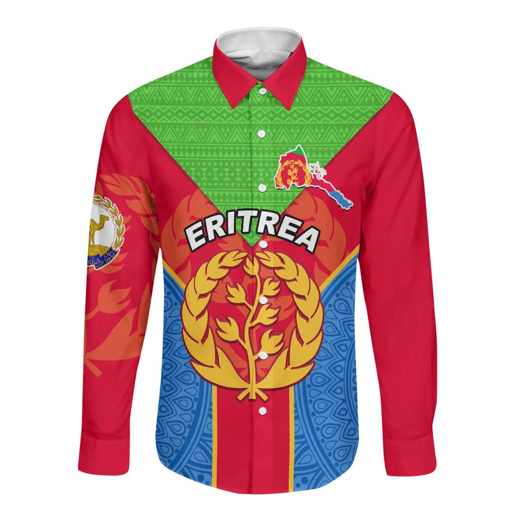 Custom Eritrea Long Sleeve Button Shirt with Eritrean Emblem Flag and African Pattern Design