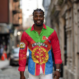 Custom Eritrea Long Sleeve Button Shirt with Eritrean Emblem Flag and African Pattern Design