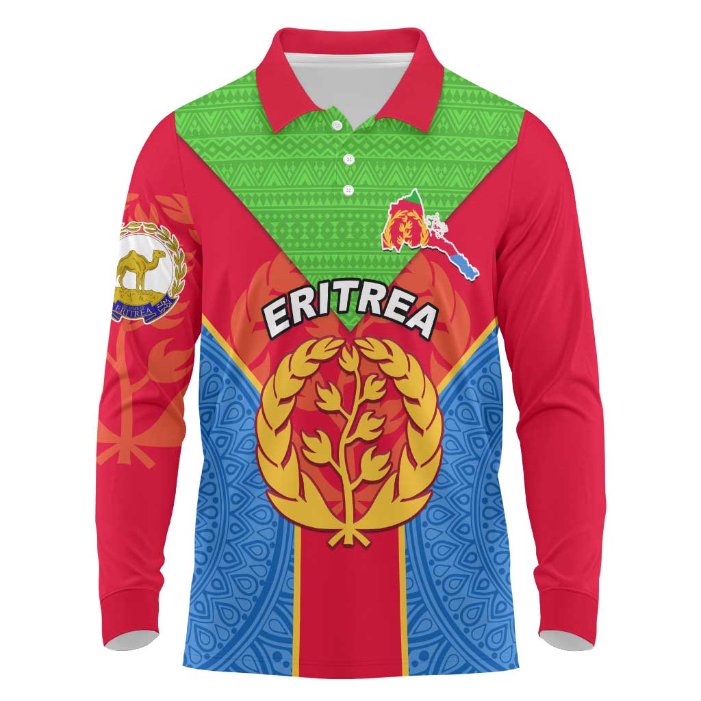 Custom Eritrea Long Sleeve Polo Shirt with Eritrean Emblem Flag and African Pattern Design