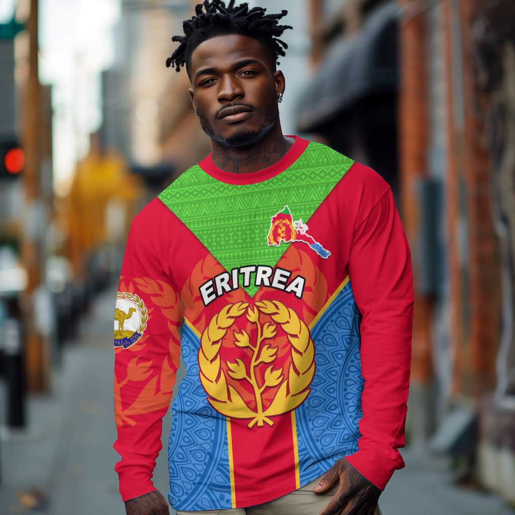 Custom Eritrea Long Sleeve Shirt with Eritrean Emblem Flag and African Pattern Design LT01