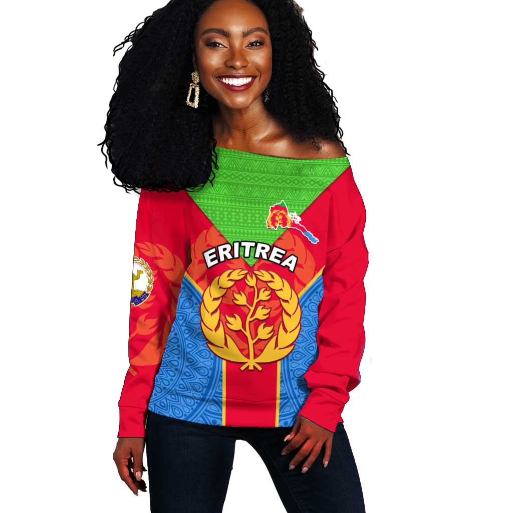 Custom Eritrea Off Shoulder Sweater with Eritrean Emblem Flag and African Pattern Design