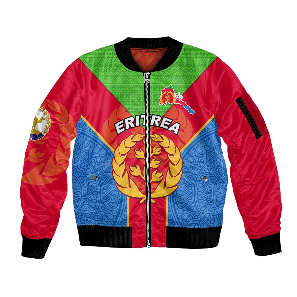 Custom Eritrea Sleeve Zip Bomber Jacket with Eritrean Emblem Flag and African Pattern Design