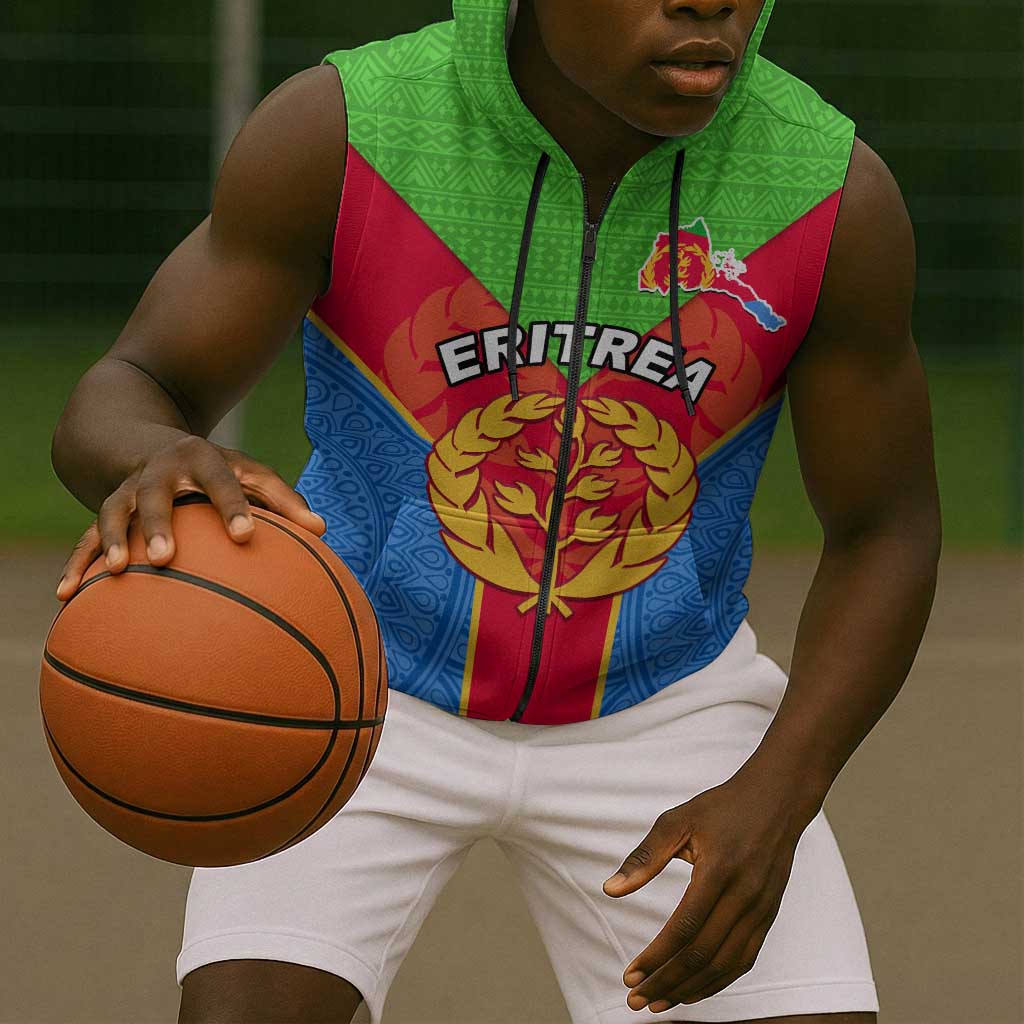 Custom Eritrea Sleeveless Zip Hoodie with Eritrean Emblem Flag and African Pattern Design - African Pride