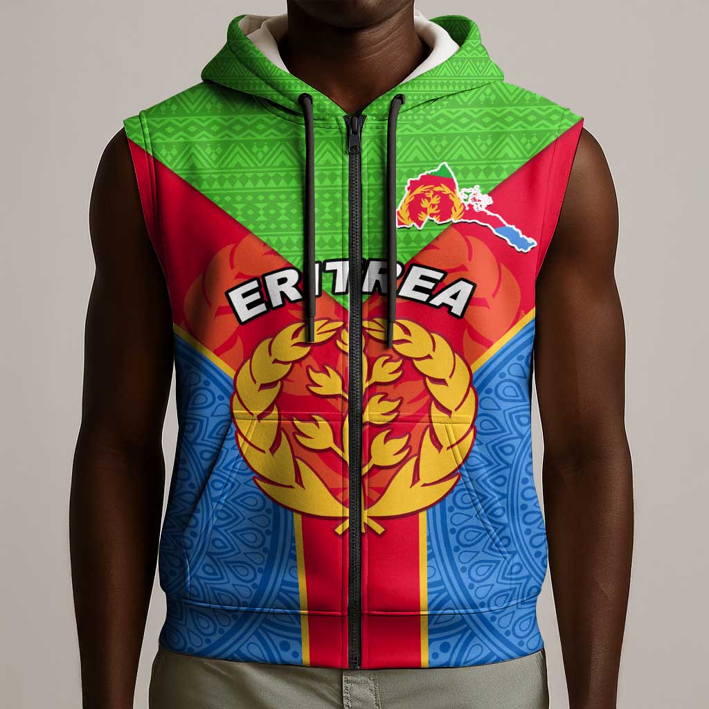 Custom Eritrea Sleeveless Zip Hoodie with Eritrean Emblem Flag and African Pattern Design - African Pride