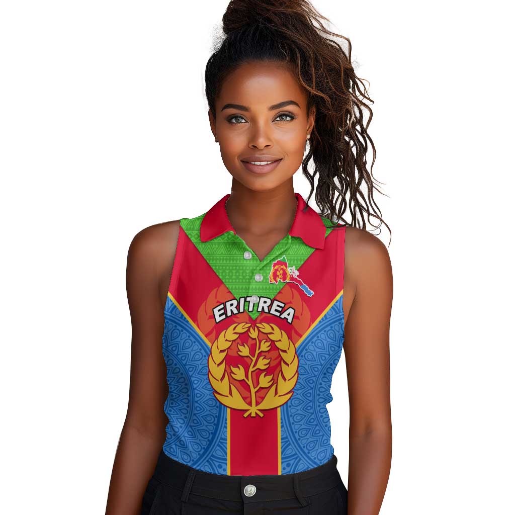 Custom Eritrea Women Sleeveless Polo Shirt with Eritrean Emblem Flag and African Pattern Design