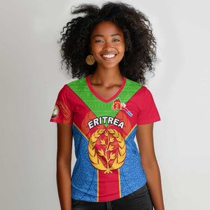 Custom Eritrea Women V-Neck T-Shirt with Eritrean Emblem Flag and African Pattern Design