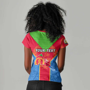 Custom Eritrea Women V-Neck T-Shirt with Eritrean Emblem Flag and African Pattern Design