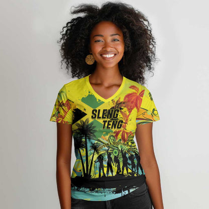 Personalized Jamaica Sleng Teng Riddim Women V-Neck T-Shirt Booyaka Booyaka - African Pride