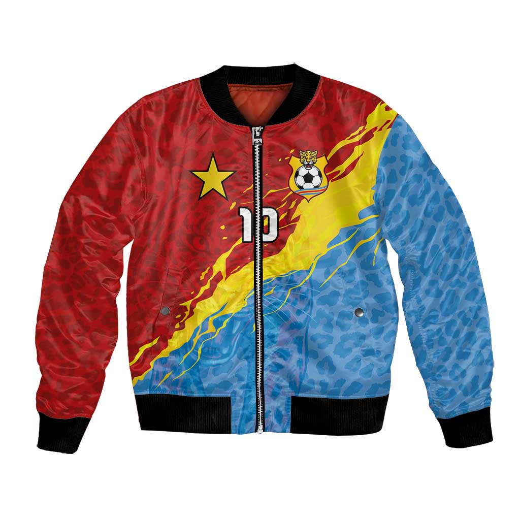 Custom DR Congo Leopards Football Bomber Jacket Abstract Leopard Pattern With National Colors And Crest