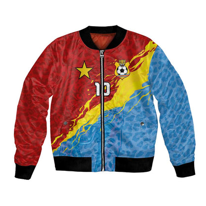 Custom DR Congo Leopards Football Bomber Jacket Abstract Leopard Pattern With National Colors And Crest