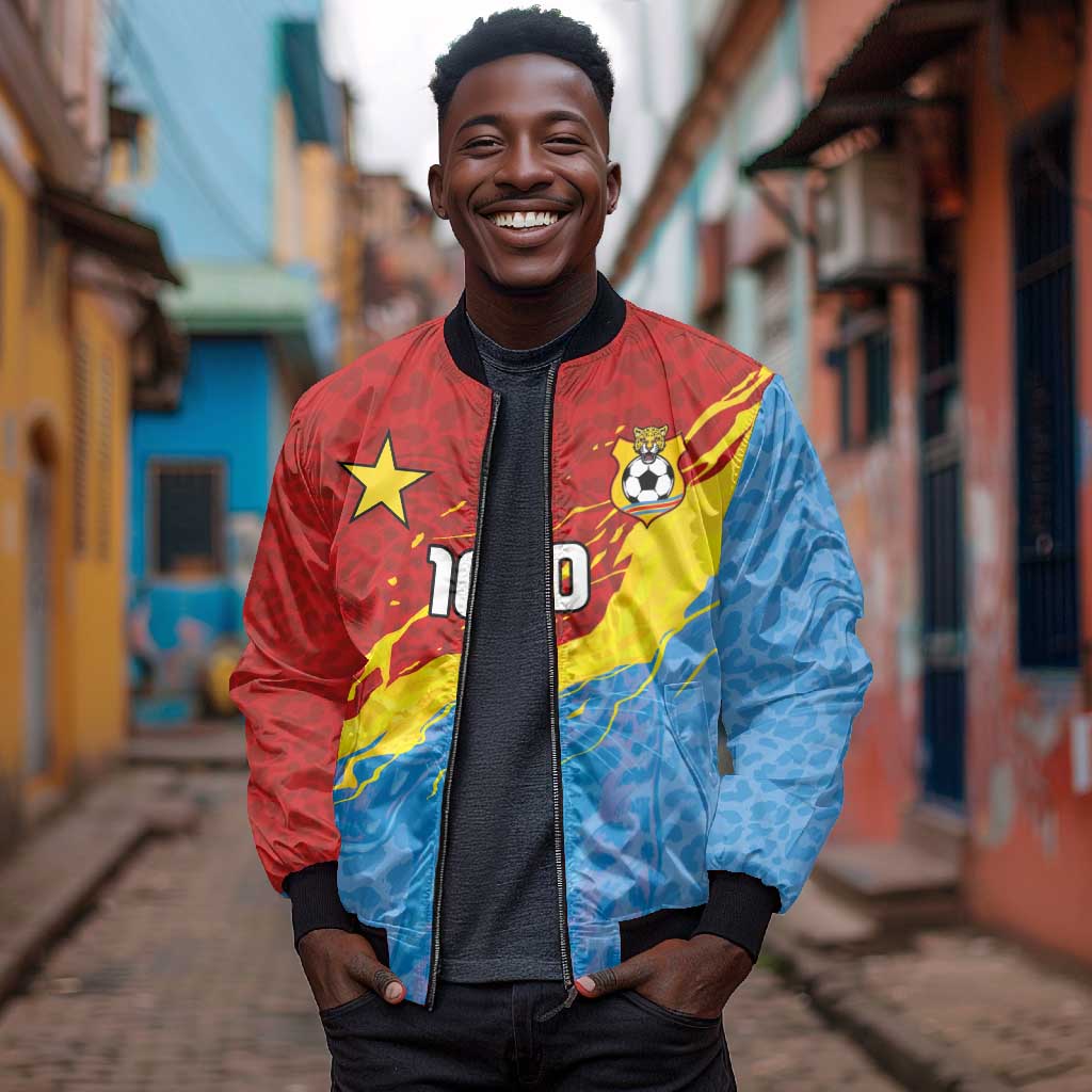 Custom DR Congo Leopards Football Bomber Jacket Abstract Leopard Pattern With National Colors And Crest
