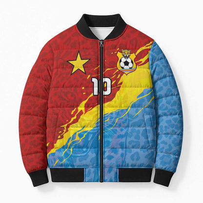 Custom DR Congo Leopards Football Bomber Puffer Jacket Abstract Leopard Pattern With National Colors And Crest