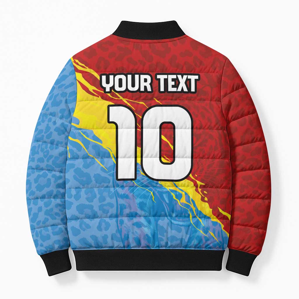 Custom DR Congo Leopards Football Bomber Puffer Jacket Abstract Leopard Pattern With National Colors And Crest