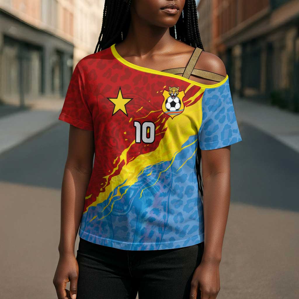 Custom DR Congo Leopards Football Cross Shoulder Shirt Abstract Leopard Pattern With National Colors And Crest